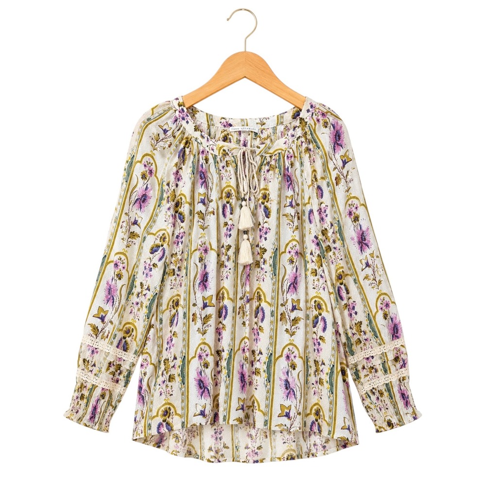 Jane + Delancey L Floral Boho Prairie Peasant Blouse Tassel Tie Lace Sleeve Top